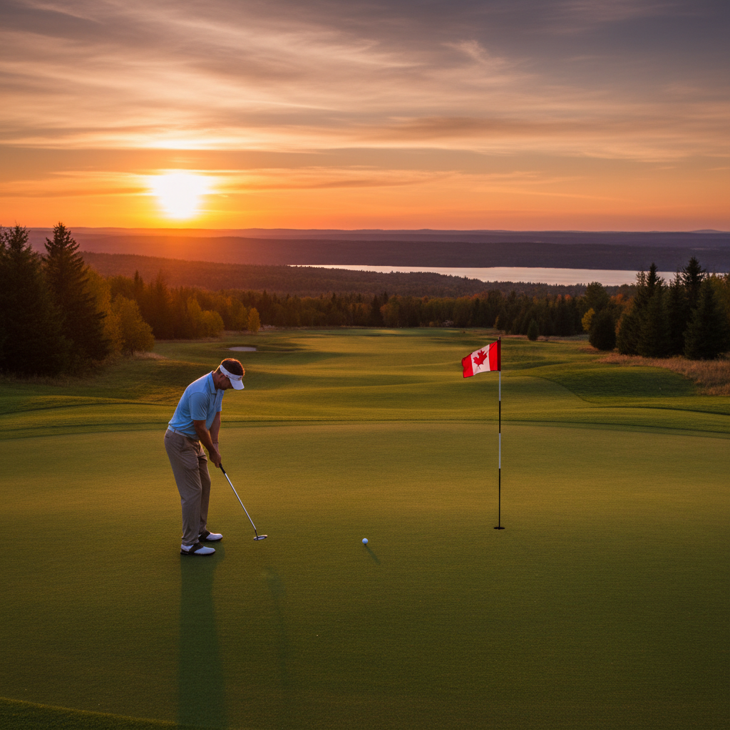 Golfer putting on a Canadian course at sunset