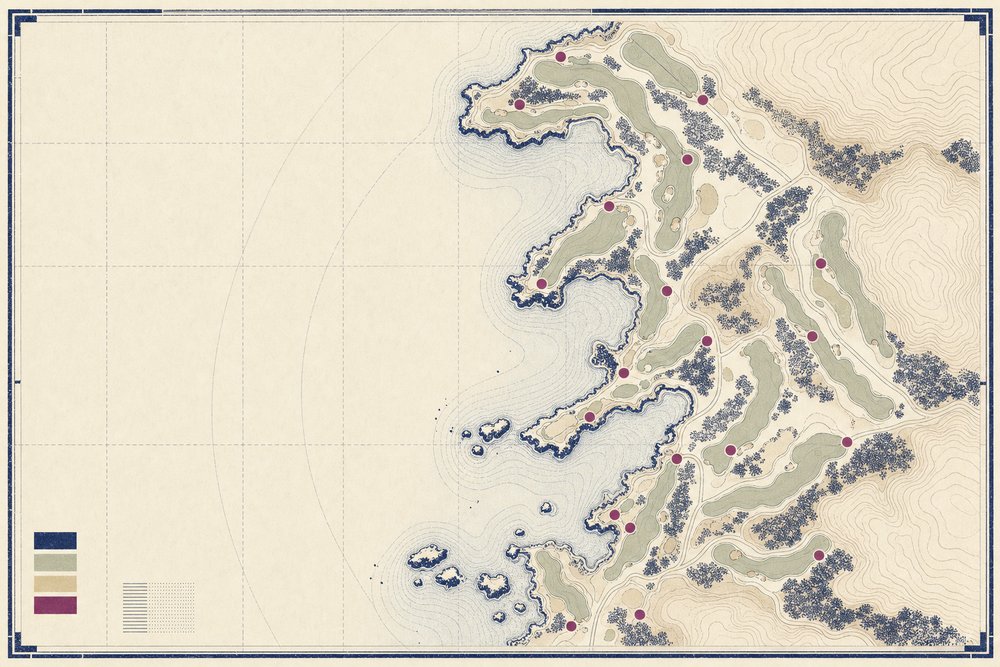 A survey chart of an imagined coastline with course markers