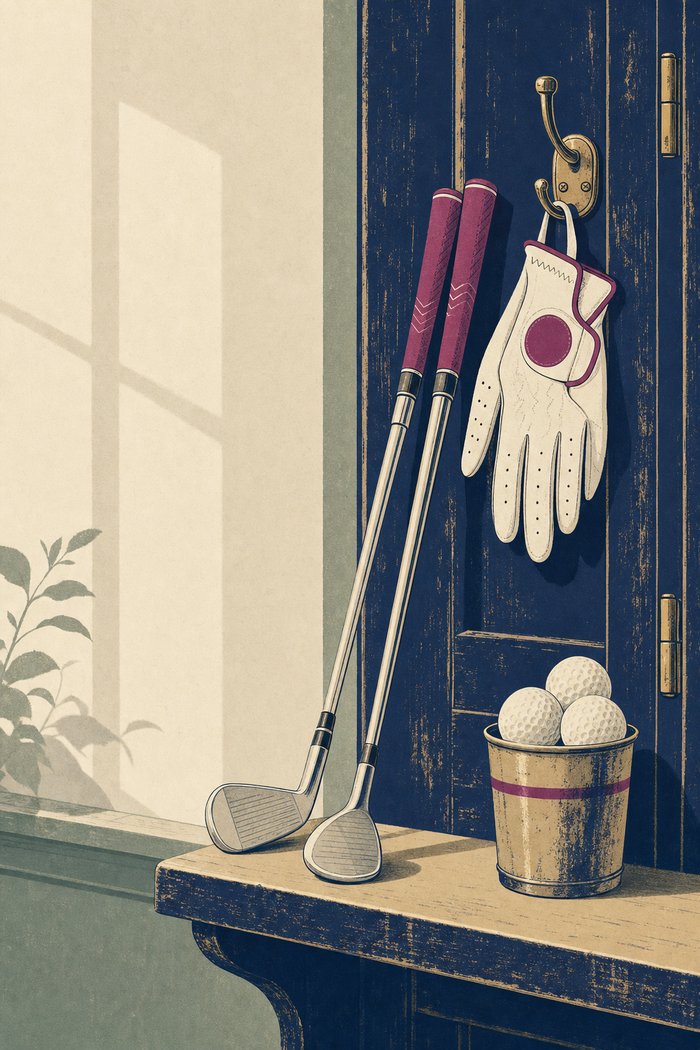 An iron and a wedge leaning against a wooden locker, a glove on a hook and balls in a tin cup