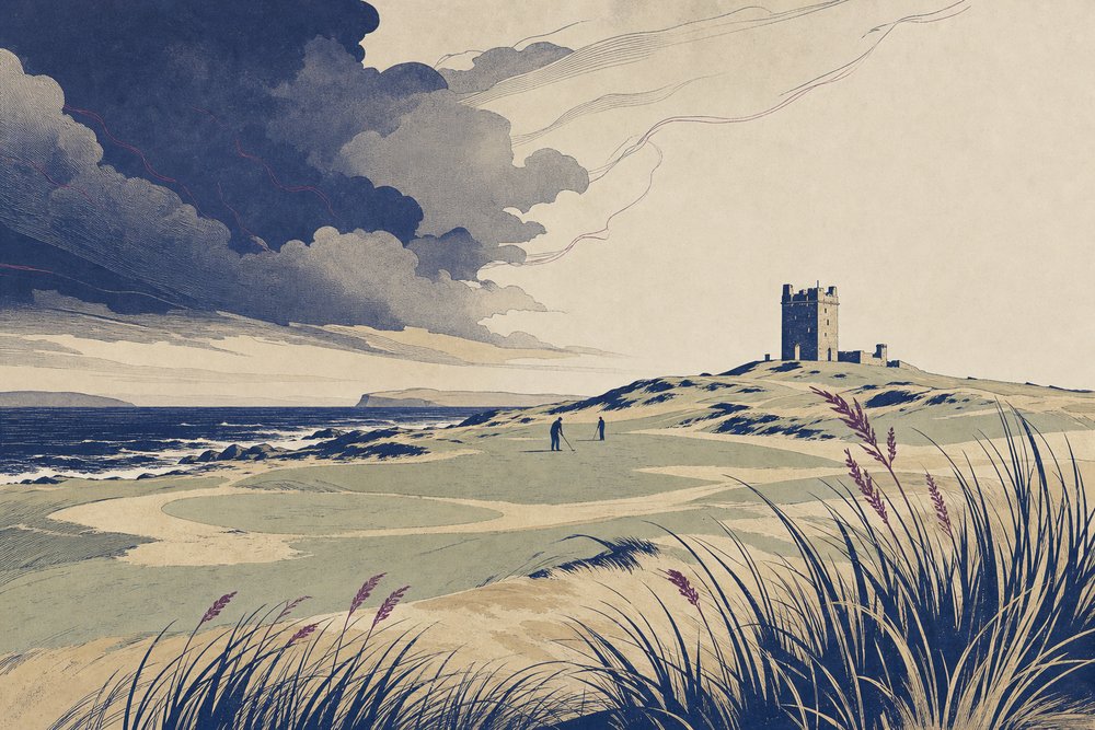 Windswept Scottish linksland under a low sky, drawn as an antique chart