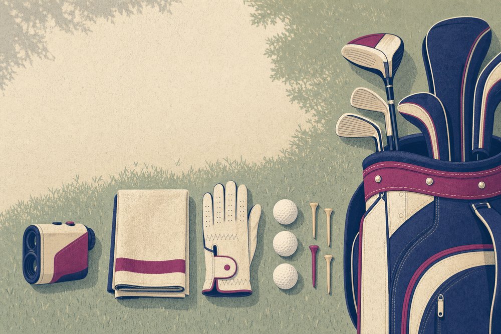 A rangefinder, towel, glove, balls and tees laid out in a row beside a golf bag