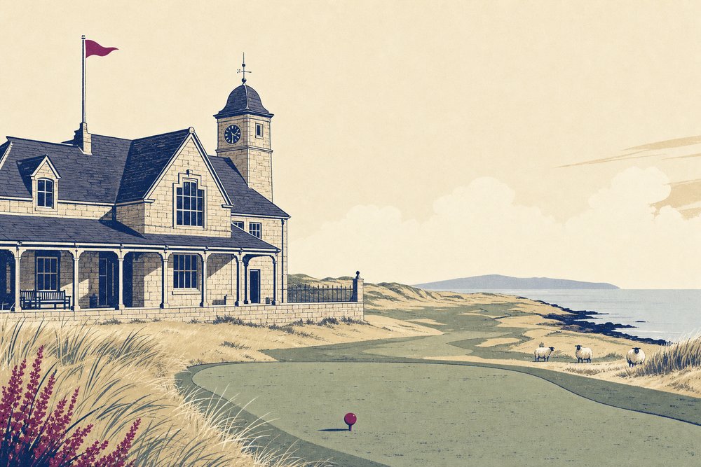 An old stone clubhouse with a clock tower beside the first tee of a seaside links