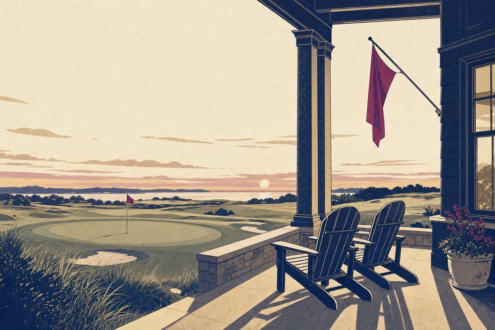 Two empty wooden chairs on a clubhouse veranda above the final green at dusk