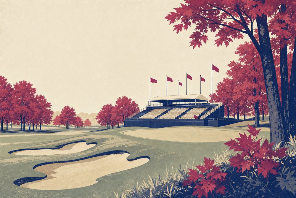 A championship course lined with red maple trees and a grandstand behind the final green