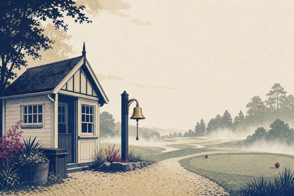 A timber starter's hut beside the first tee in morning mist