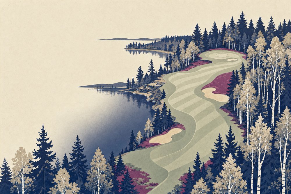 Aerial view of a dogleg hole through birch and pine forest beside a lake
