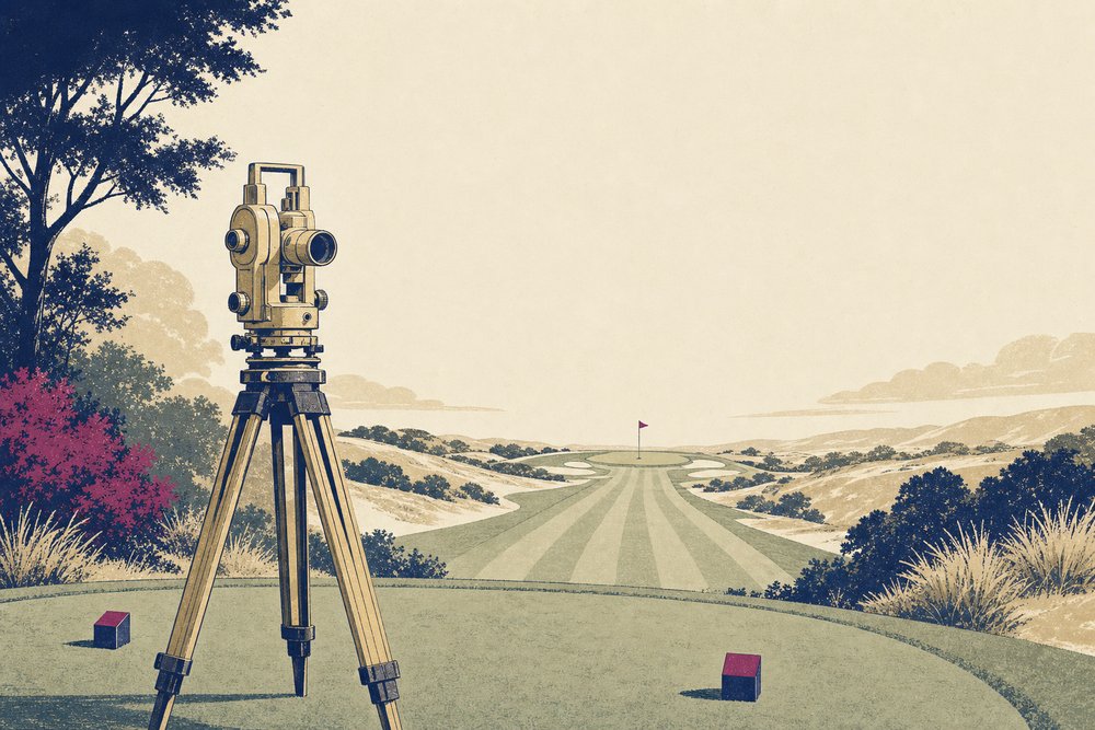 A brass surveying tripod on a tee box looking down a long fairway
