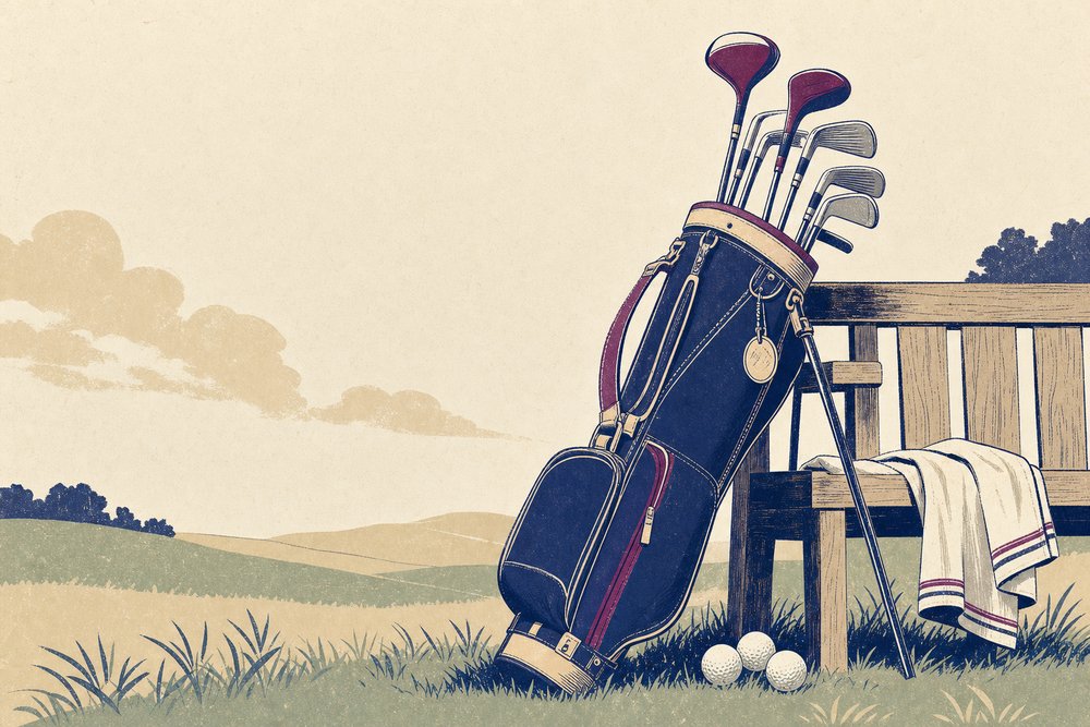 A leather golf bag on a bench with irons and woods fanned out on the grass