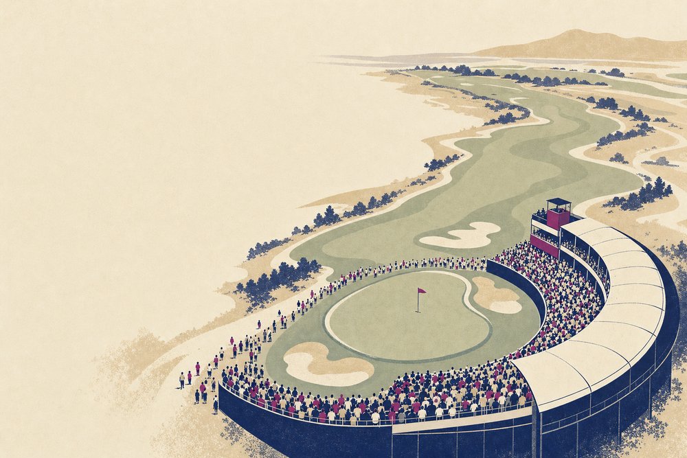 A tournament finishing hole seen from above with a crescent grandstand
