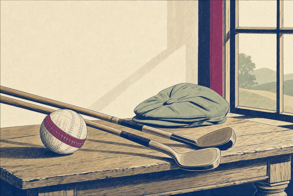 A feather ball and two hickory-shafted clubs on an old oak table