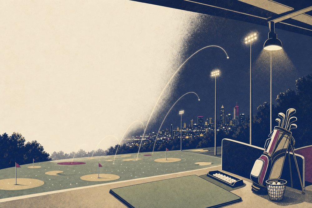 A floodlit driving range at night with ball trails as arcs of light