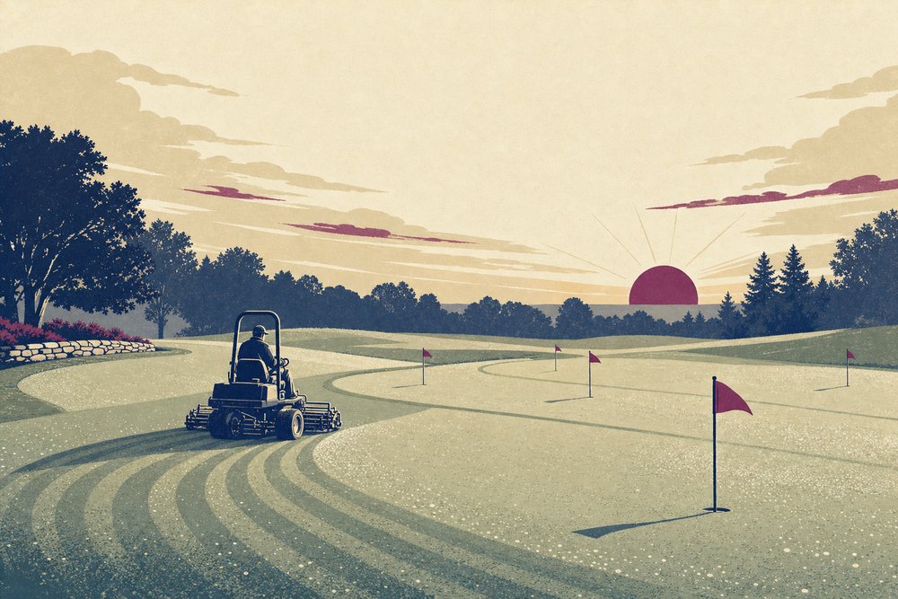 A dew-covered practice green with small flags at sunrise