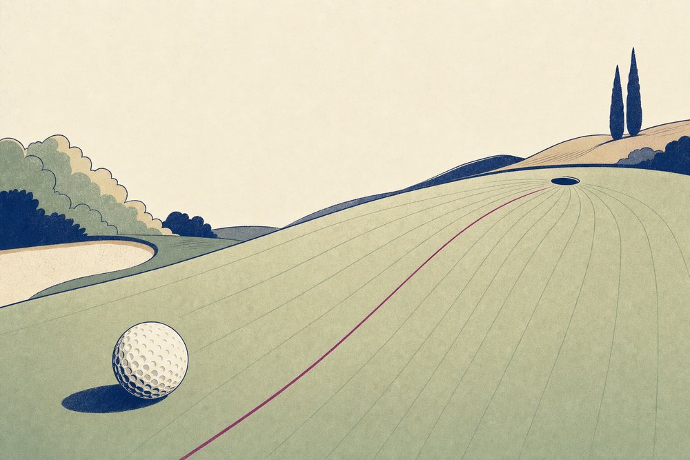 A ball on a sloping green with many faint putting lines fanning towards one hole