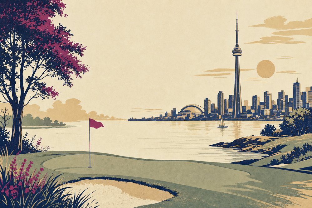 A lakeshore golf course with a city skyline and a tall tower across the water