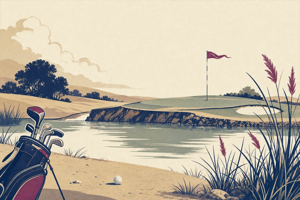 An approach shot across a pond to a raised green with the flag blowing sideways