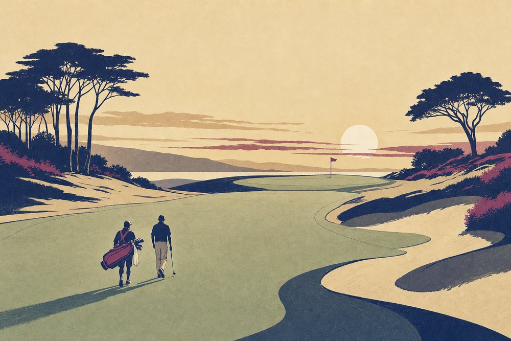 A player and a caddie walking up a wide fairway towards a green at sunset