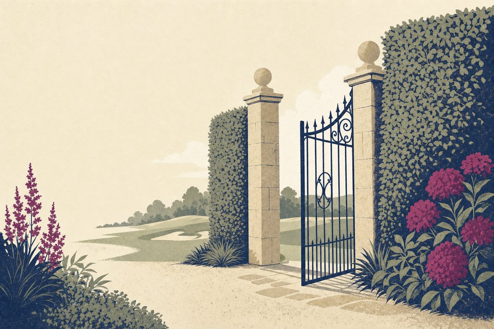 A wrought-iron garden gate in a clipped hedge, slightly open onto a fairway