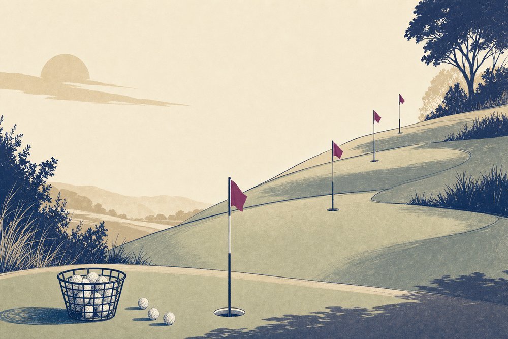 A row of flags stepping up a sloping putting green in morning light