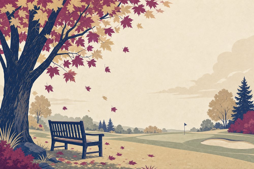 An empty bench under a maple tree in autumn beside a quiet fairway