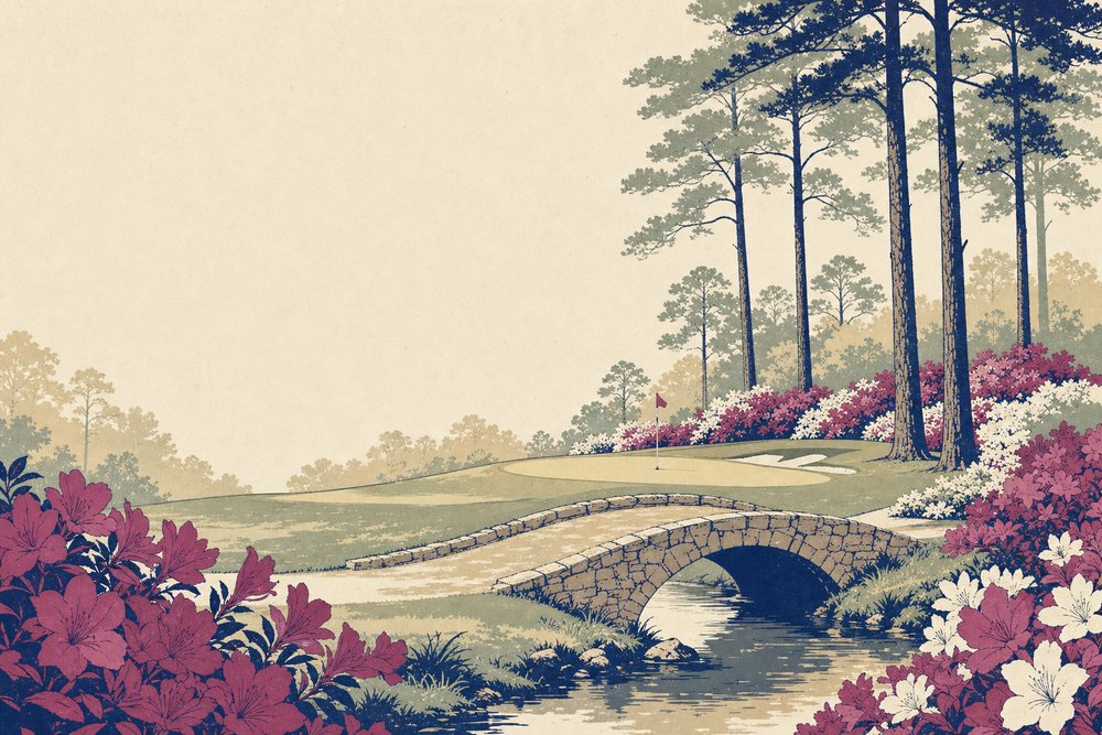 Flowering azalea banks and a stone bridge over a creek near a green