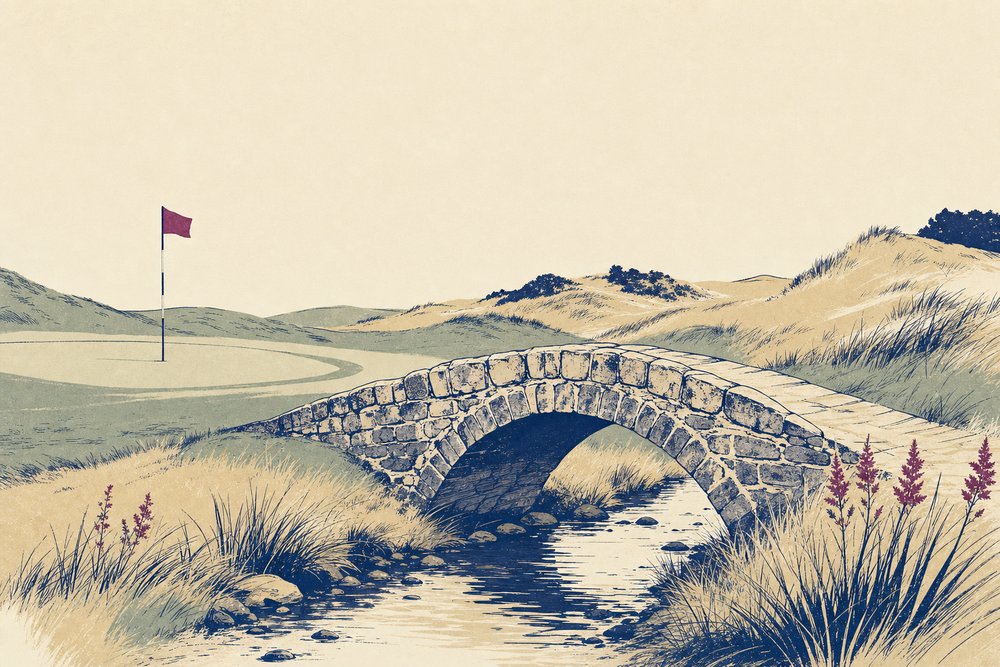 An old stone footbridge over a narrow burn on a links course