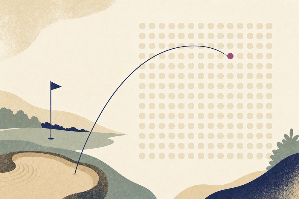 Illustrated ball flight rising over a bunker towards a grid of dots, one of them highlighted