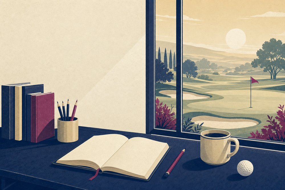A writing desk by a window overlooking a golf course, with a notebook, a pencil and a golf ball