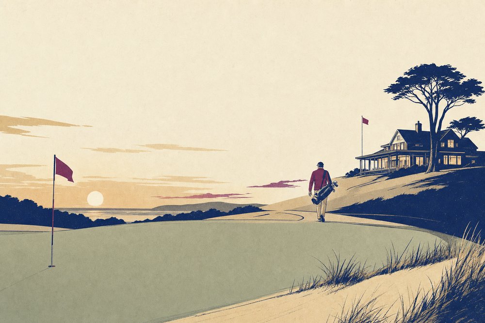 A golfer walking off the final green towards a lit clubhouse at sunset