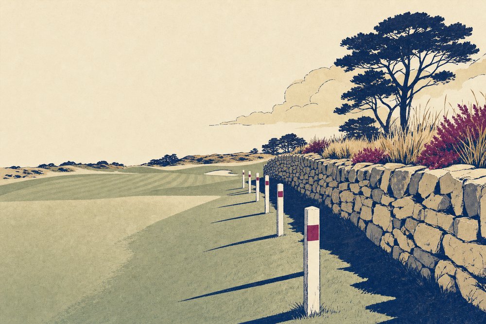 White boundary stakes along a fairway beside a dry-stone wall