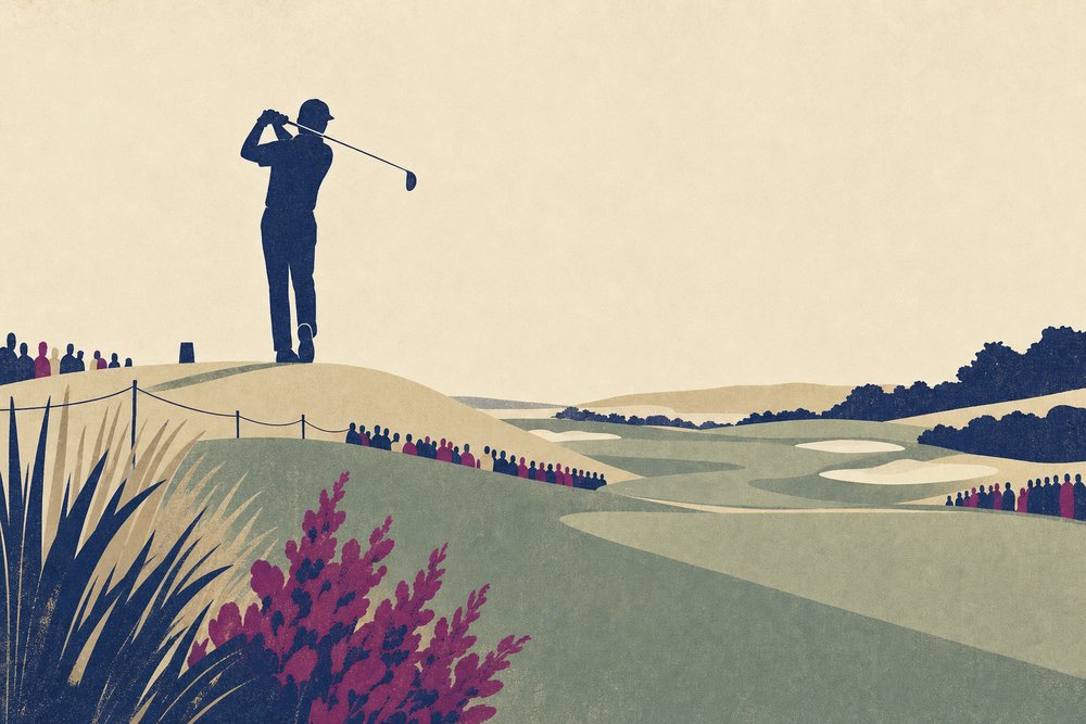 A golfer at the top of a follow-through above a wide fairway, drawn as an illustration