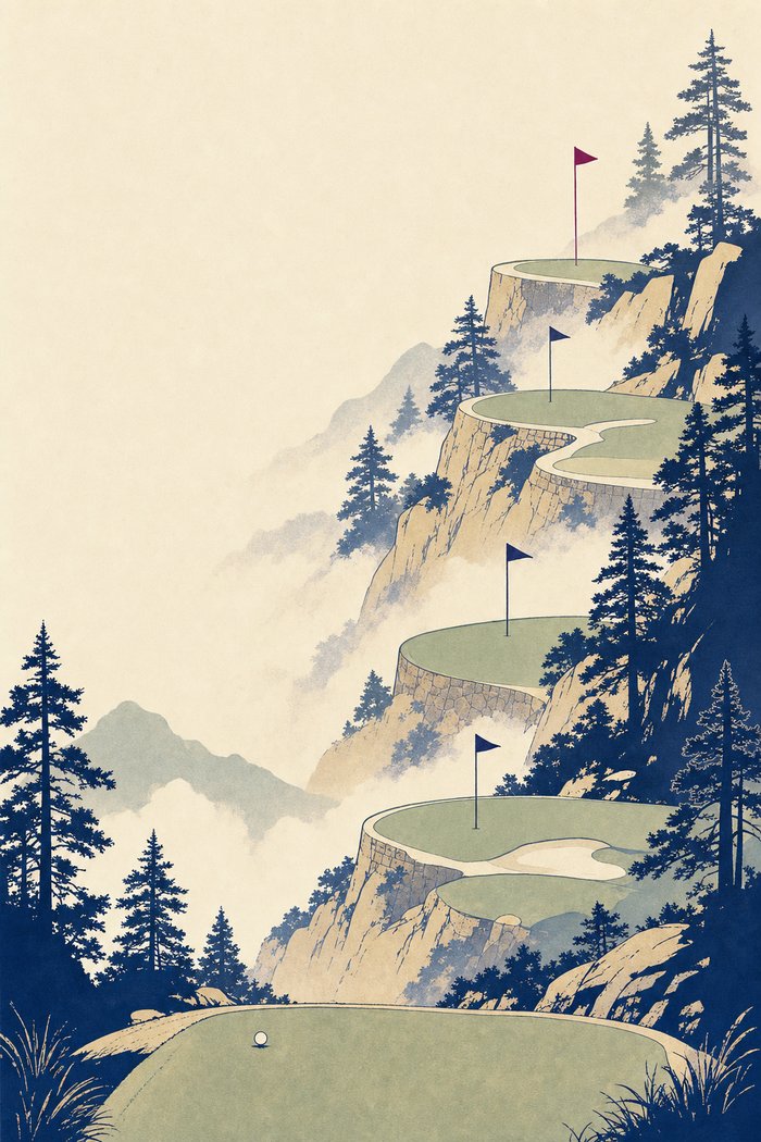 Terraced tees and greens rising up a misty hillside, each with a small flag