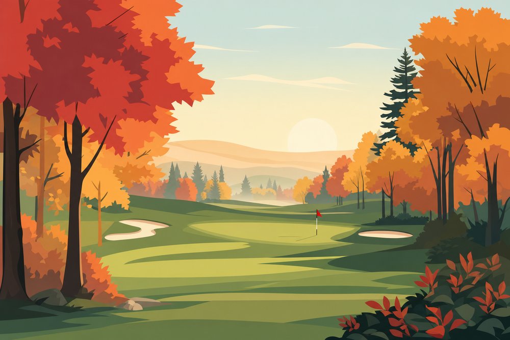 A parkland fairway lined with red and orange maples in early autumn