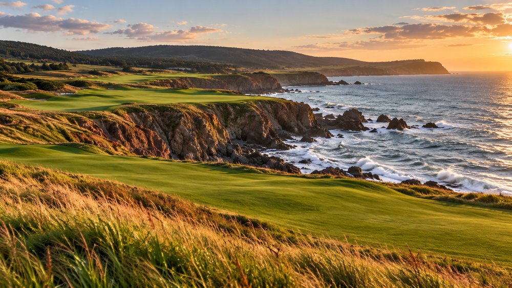 A coastal golf course above rocky cliffs in late light