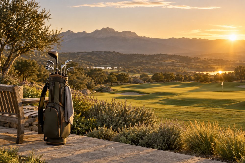 A golf bag beside a wooden bench overlooking a sunlit fairway
