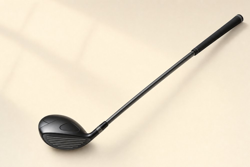 A fairway wood golf club photographed on a cream background