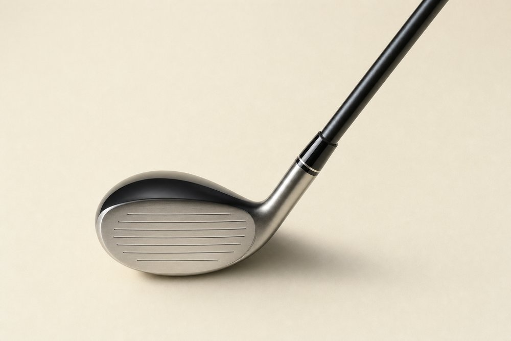 A hybrid golf club photographed on a cream background