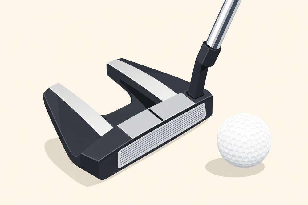 A putter golf club photographed on a cream background