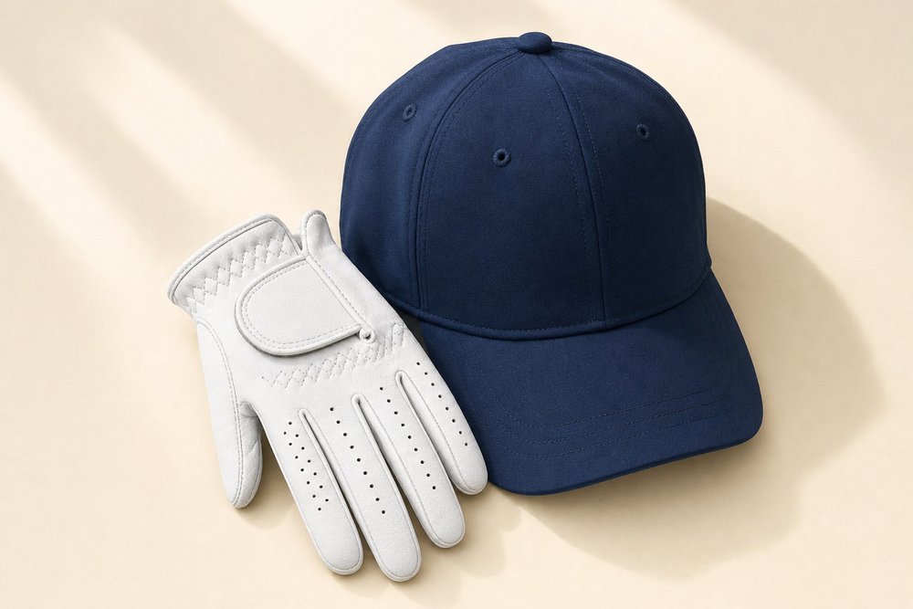 Glove and cap for golf photographed on a cream background