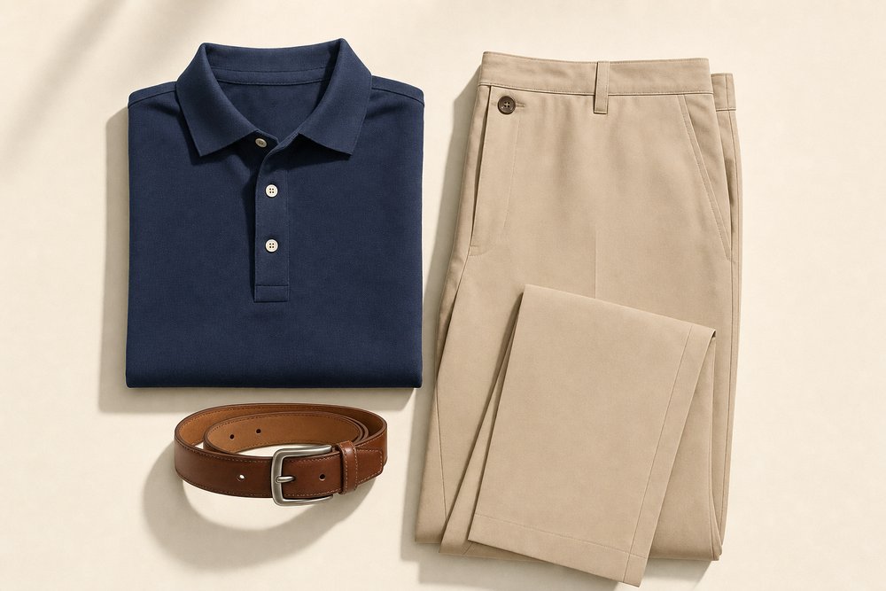 Collared shirt and trousers for golf photographed on a cream background