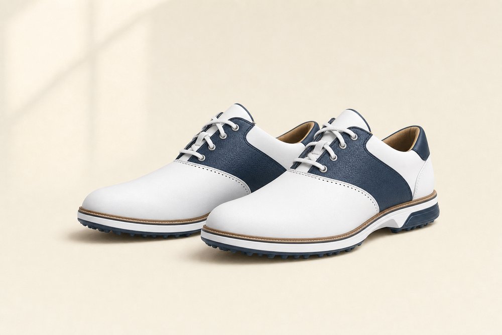 Golf shoes for golf photographed on a cream background